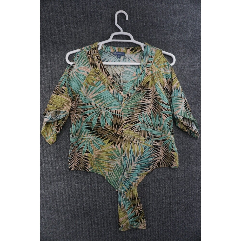 Democracy Blouse Medium Green Tropical Palm Leaf Cold Shoulder Tie Front